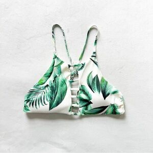 TiniBikini White & Green Tropical High-Neck Bikini Top - XS